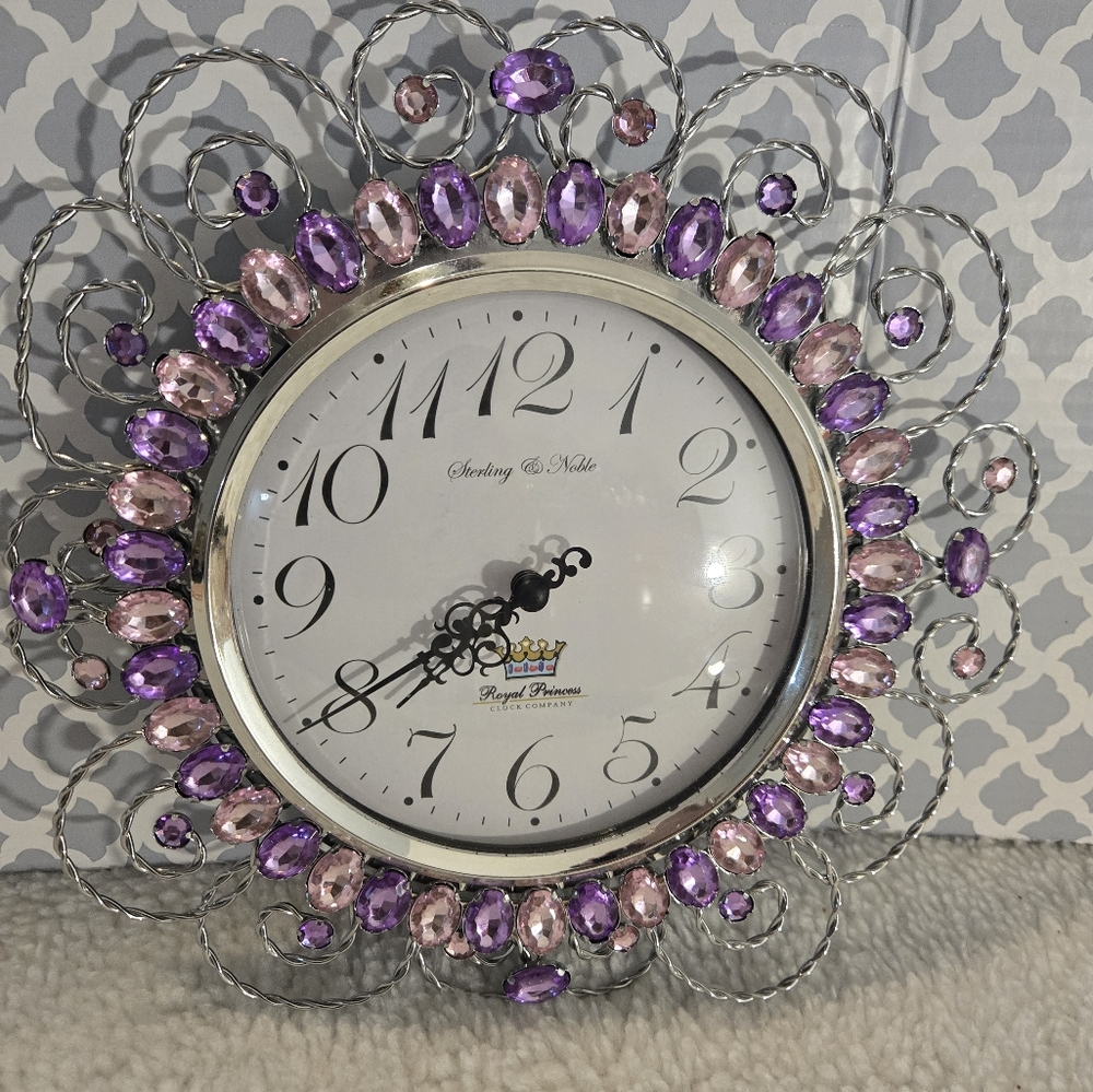 Beautiful Royal Princess  Silver Purple & Pink Gems Clock
